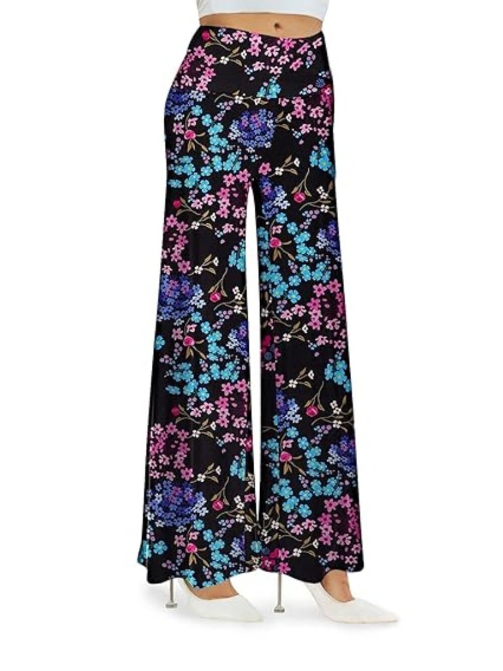 "Multi Flowers" LNC Stretchy Wide Leg Lounge Palazzo Flat Front Pants 3XL